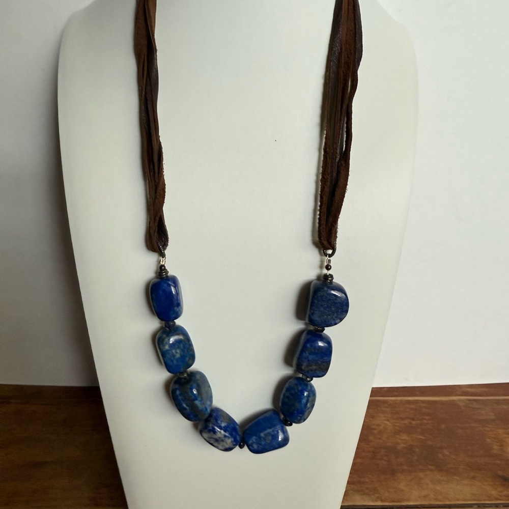 Lapis 925 Stone Necklace on Brown Leather Cord